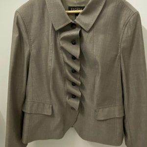 Escada Lightweight Wool/Silk Ruffle Front Tailored Neutral Jacket